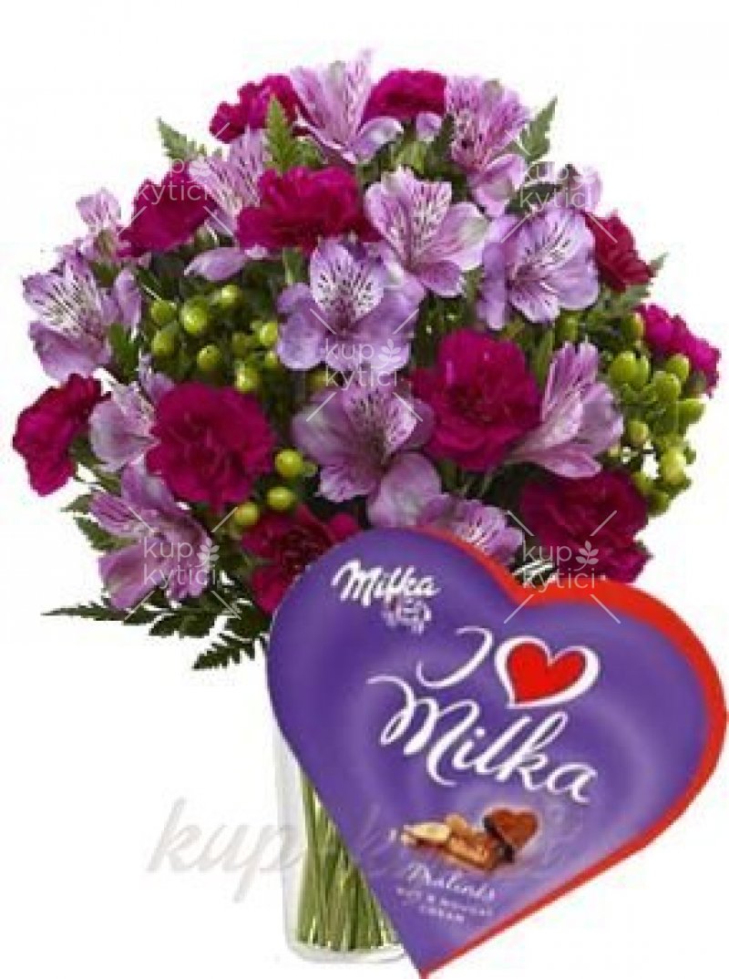 Set kytice vo fialových tónoch Ľudmila a Milka srdca