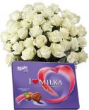 Biele ruže + Milka - rozvoz kvetín