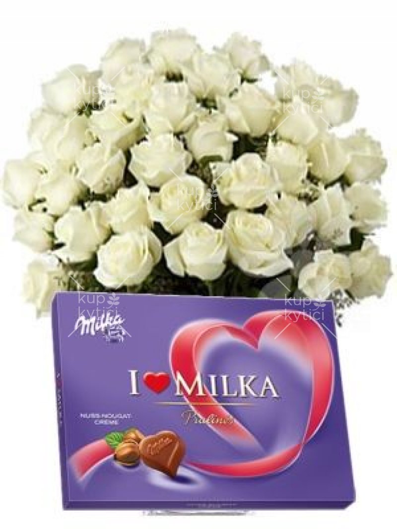 Biele ruže + Milka - rozvoz kvetín
