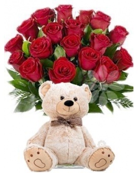 Bouquet of red roses + plush bear