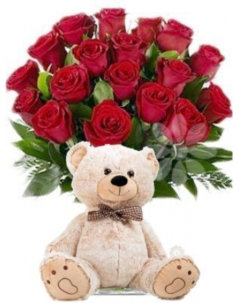 Kytica červených ruží + plyšový medveď